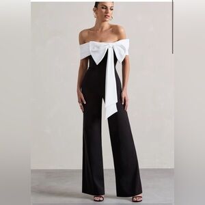 Club L London Black Bower Bardot Straight-Leg Jumpsuit With Bow size 12US